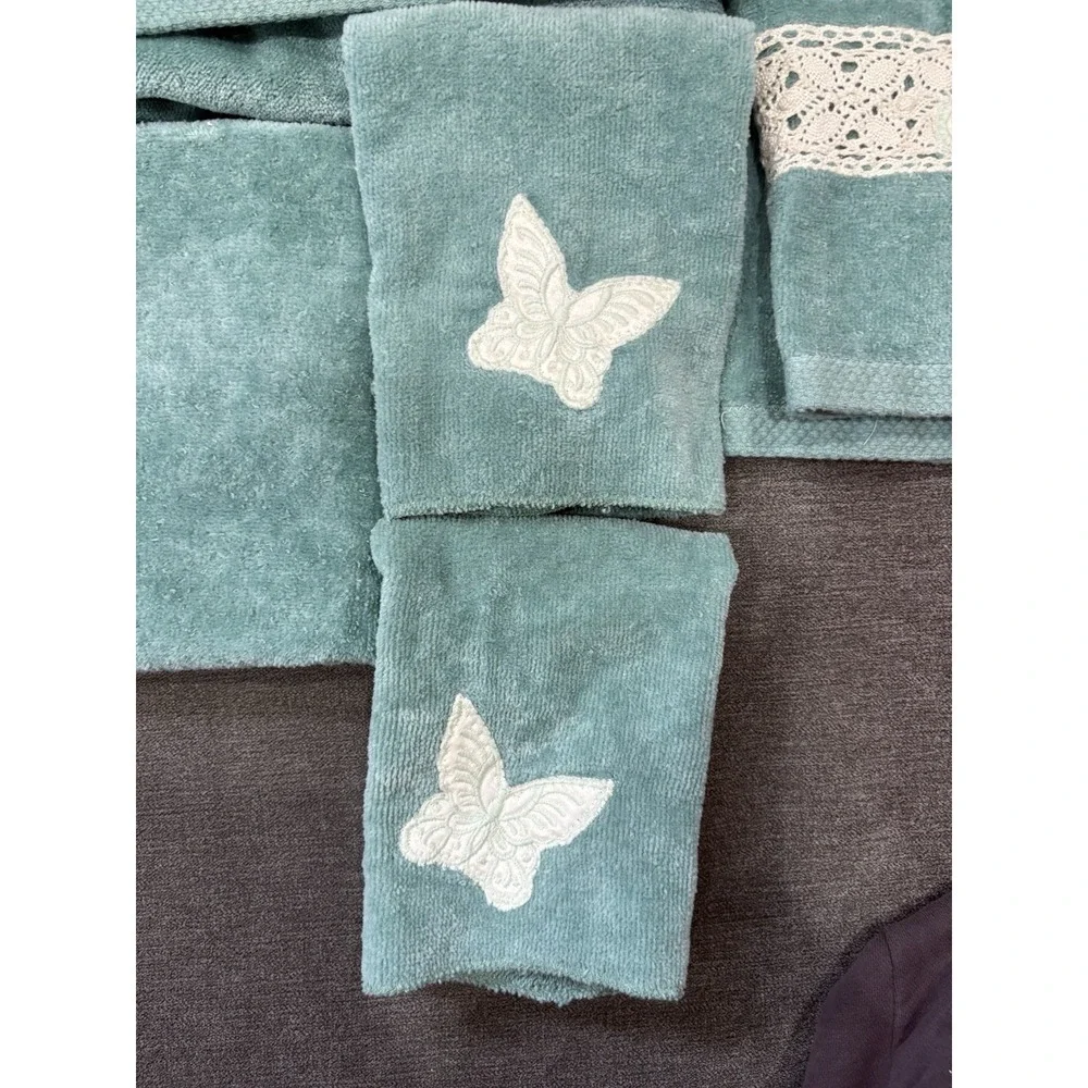 Vintage Butterfly Set 2 Wash Cloth 2 Hand 2 Bath‎ Lot Teal Blue Good Condition
